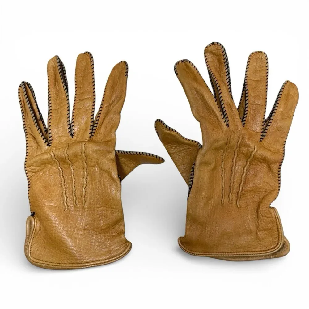 Vintage Deerskin Leather Womens Driving Gloves Work Size 11.5 Brown Winter Warm